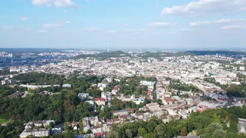 Aerial view of the central part of the old town European city Lviv, Ukraine Stock Footage 164590264
