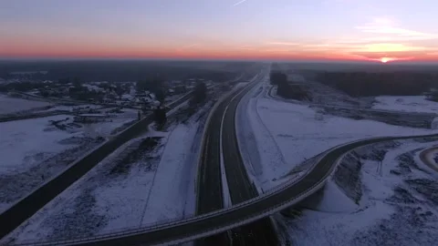 Aerial view of the Central Ring Road (CKAD) at sunrise. Stock Footage 144609462
