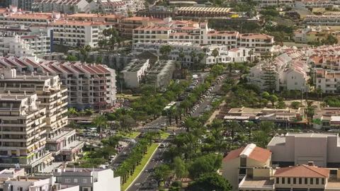 Aerial view to the central road, timelapse at sunny day, 4K footage. Tenerife Stock Footage 150908274