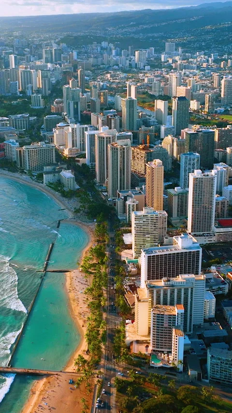 Aerial view of the central sandy beach of Waikiki in Honolulu. Promenade street Stock Footage 307039151