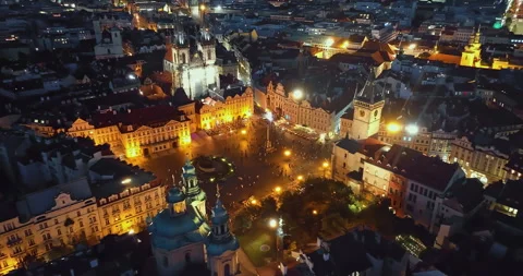 Aerial view of Central Square of city at night, Prague, Czech Republic Stock Footage 323198119