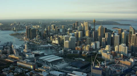 Aerial view of Centrepoint Tower and downtown skyscrapers in Sydney Australia Stock Footage 64872637