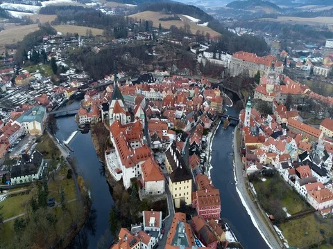 Aerial view Cesky Krumlov old town Stock Footage 76029809
