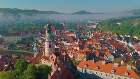 Aerial View of Český Krumlov Old Town and Castle, Czech Republic Stock Footage 318347308