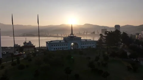 Aerial view of Chacha tower with big clock in Batumi city Video stock 231334561