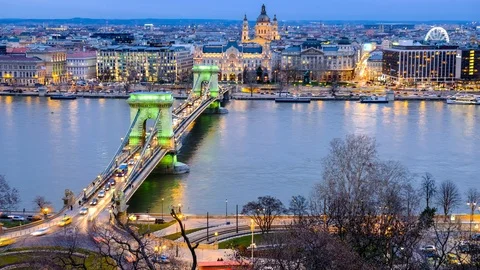 Aerial view of Chain bridge and night Budapest city. Time-lapse video of nigh Stock Footage