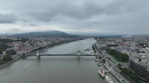 Aerial view of Chain Bridge in Budapest, Hungary, on 7 October 2024 Stock Footage 296973217