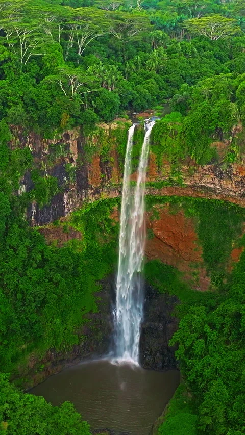 Aerial view of Chamarel Waterfall, plunging from verdant cliff into shadowy 库存影片 343468825