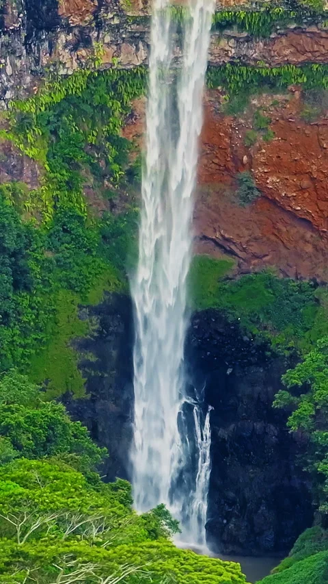 Aerial view of Chamarel Waterfall, plunging from verdant cliff into shadowy 库存影片 343470404