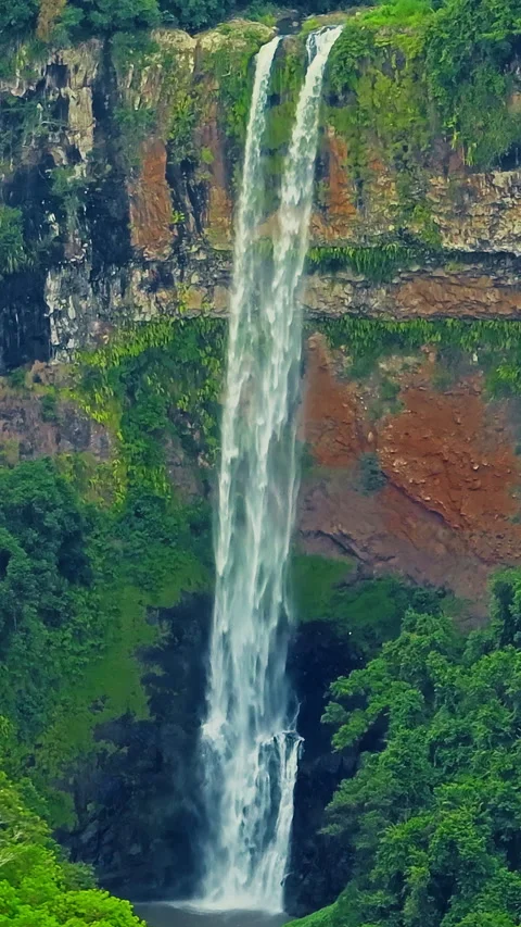 Aerial view of Chamarel Waterfall, plunging from verdant cliff into shadowy 库存影片 343475929