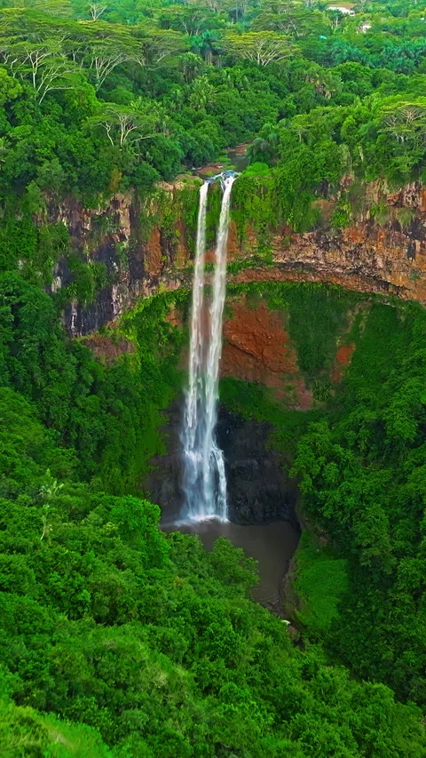 Aerial view of Chamarel Waterfall, plunging from verdant cliff into shadowy 库存影片 343481680