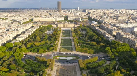 Aerial view on Champ de Mars in front of the Eiffel Tower Paris Video stock 41680892