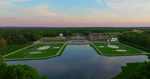 Aerial view of Chantilly Castle at sunset, Oise, Picardie, France Stock Footage 276122575
