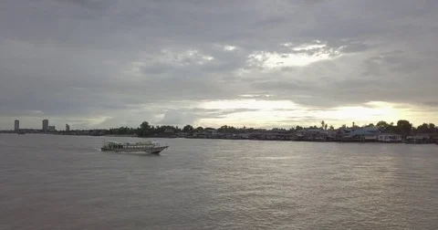 Aerial view of Chao Phraya River, river and ferry boat. Stock Footage 79331334