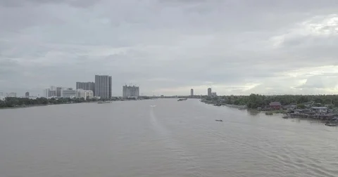 Aerial view of Chao Phraya River and boats. Stock Footage 79331652