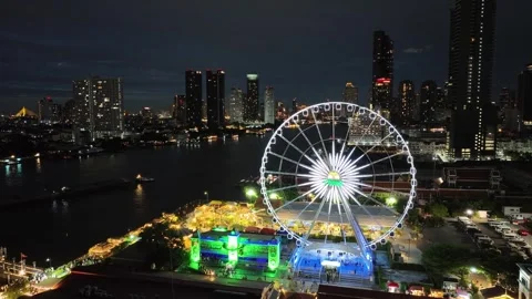 Aerial view of Chao Phraya River night Market Asiatique, Bangkok city, Thailand 스톡 동영상 247426068