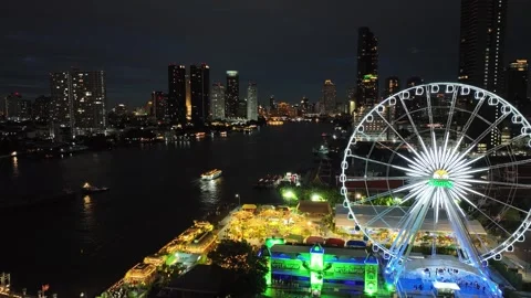 Aerial view of Chao Phraya River night Market Asiatique, Bangkok city, Thailand Video stock 247426133