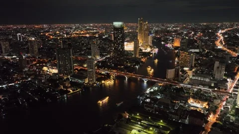 Aerial view of Chao Phraya River in Bangkok city, Thailand Stock Footage 247426414
