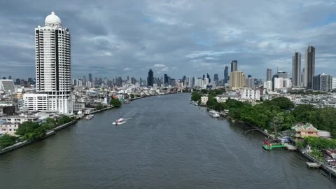 Aerial view of Chao Phraya river Bangkok cityscape Thailand Stock Footage 247436751