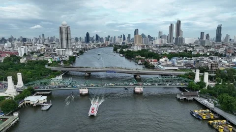 Aerial view of Chao Phraya river Bangkok cityscape Thailand Stock Footage 247436986