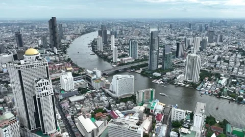 Aerial view of Chao Phraya river Bangkok cityscape Thailand Stock Footage 247438800