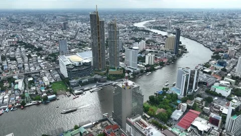 Aerial view of Chao Phraya river Bangkok cityscape Thailand Stock Footage 247438820