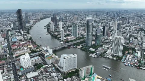 Aerial view of Chao Phraya river Bangkok cityscape Thailand Stock Footage 247438844