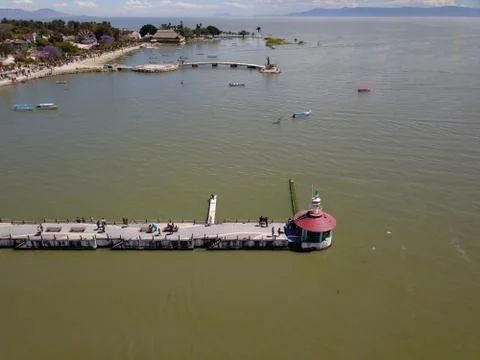 Aerial view of the Chapala pier and lighthouse, Jalisco Stock Photos