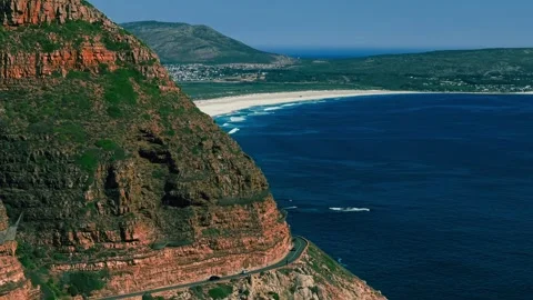 Aerial view Chapman's Peak cliffs above Noordhoek Beach Stock Footage 339183657