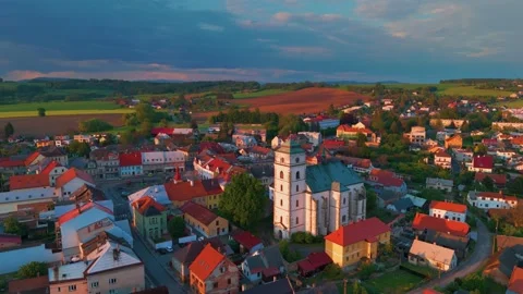 Aerial View of Charming Cesky Krumlov Old Town and Castle at Sunset, Czech Repub Stock Footage 318348281