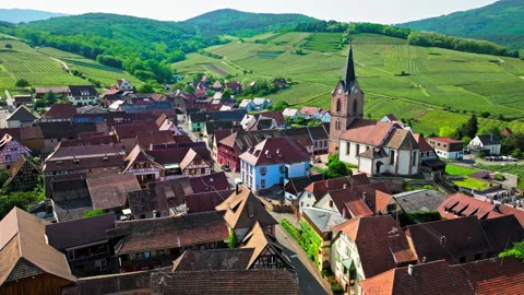 Aerial view of a charming wine-producing village in Rodern, France. Stock Footage 274305034