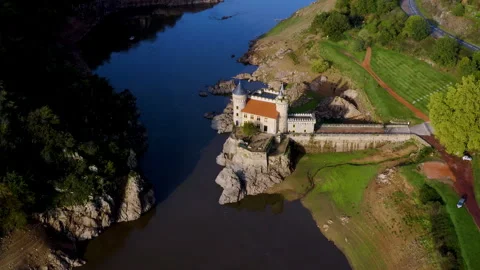 Aerial View of Chateau de la Roche Castle on the Loire River France Stock Footage 337936825