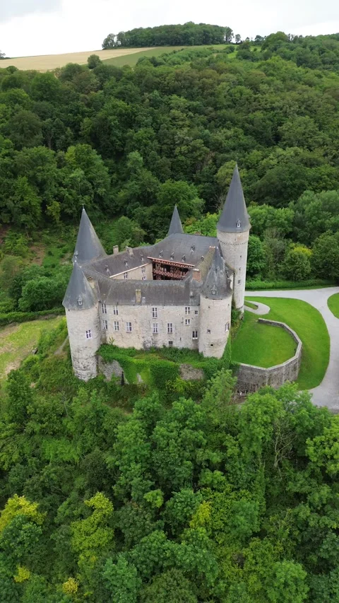 Aerial View Of Chateau De Veves Fairytale Medieval Castle Belgium Stock Footage 343785248
