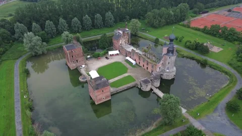 Aerial View Of Chateau Des Ducs D Havre Historic Moated Castle Mons Belgium Stock Footage 343786840