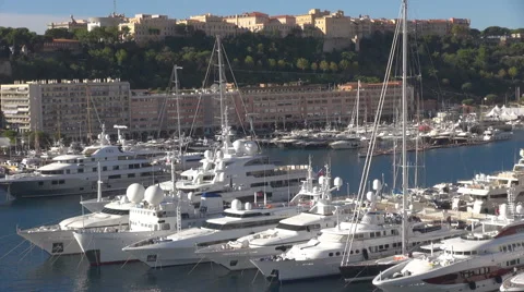 Aerial view Chateau Grimaldi Monaco principaute palace luxurious yacht port day Stock Footage 44232736