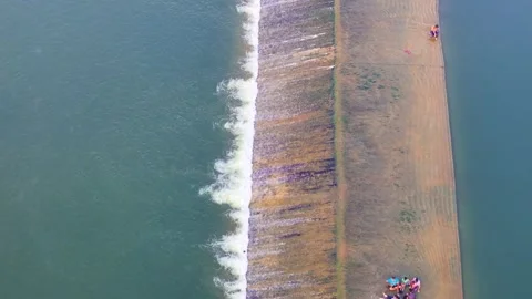 Aerial View of Check Dam on a River with Flowing Water Stock Footage 340621166