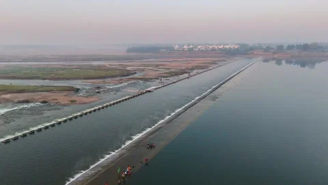 Aerial View of Check Dam on a River with Flowing Water Stock Footage 340621172