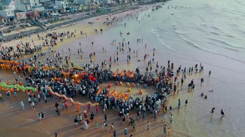 Aerial view of Cheo Ba Trao ritual team at Nghinh Ong Festival, Vietnam Stock Footage 334451852