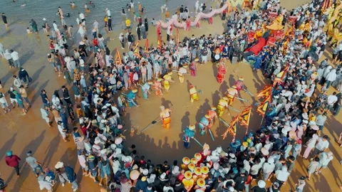 Aerial view of Cheo Ba Trao ritual performance at Nghinh Ong Festival, Vietnam Stock Footage 334455351