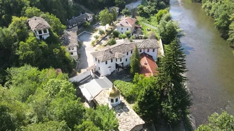 Aerial view of Cherepish Monastery and Iskar River Gorge, Bulgaria Stock Footage 140924693