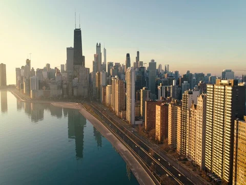Aerial view of Chicago Downtown skyline at sunrise Stock Footage