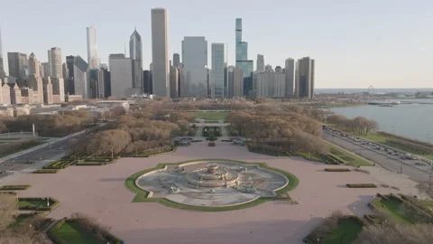 Aerial view of the Chicago Loop and Millennium Park on a spring morning Stock Footage 306122507