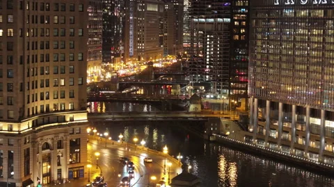 Aerial view of the Chicago Loop at night Stock Footage 306127362