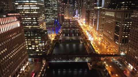 Aerial view of the Chicago Loop at night Stock Footage 306127615