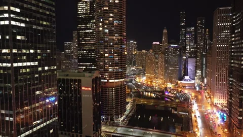 Aerial view of the Chicago Loop at night Stock Footage 306127866