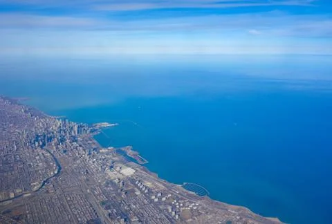 Aerial view of the Chicago skyline and Lake Michigan lakefront Stock Photos