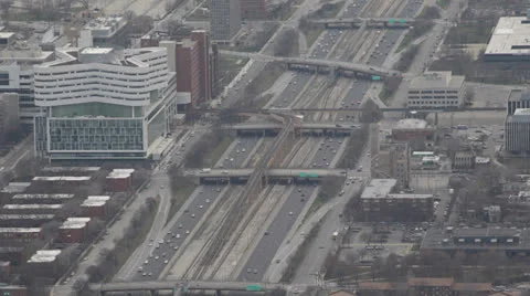 Aerial View Chicago Skyline Commuting, Commuters driving, Incoming, Outgoing Stock Footage 24704639