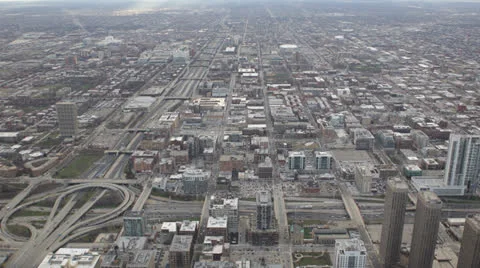 Aerial View Chicago Skyline Elevated Freeway, Highway Interchange, Vehicles Stock Footage 24705025