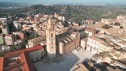 Aerial View of Chieti: Bell Tower, Main Square &amp; Sea Horizon Stock Footage 304881546
