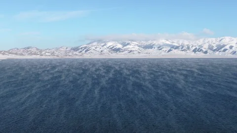 Aerial View of China Xinjiang Sayram Lake(sailimu hu) in winter. Stock Footage 123647189